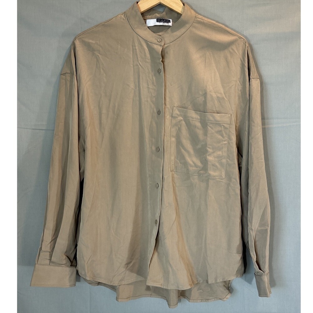 Sophie Rue Women's Button Down Shirt Tan Oversized Collarless Boxy Fit Sz S